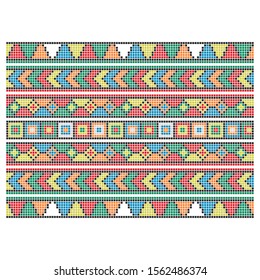 Set of seamless embroidered goods like handmade cross-stitch ethnic pattern for design. Vector red and black yellow orange blue whute green borders illustration on white background.