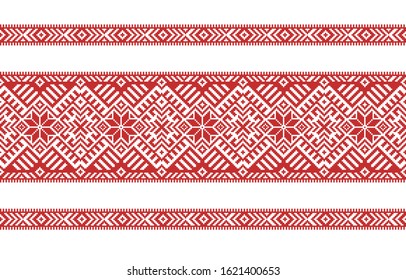 Set of seamless embroidered goods like handmade cross-stitch ethnic Ukraine pattern for design. Vector red  borders illustration on white background. Ukrainian national ornament decoration.

