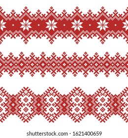 Set of seamless embroidered goods like handmade cross-stitch ethnic Ukraine pattern for design. Vector red  borders illustration on white background. Ukrainian national ornament decoration.

