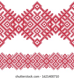 Set of seamless embroidered goods like handmade cross-stitch ethnic Ukraine pattern for design. Vector red  borders illustration on white background. Ukrainian national ornament decoration.

