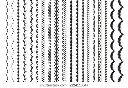 Set of seamless embroidery stitches. Overlock fabric elements. Sewing seams. machine thread sew brushes. Outline border isolated on white background. Simple design. Vector illustration.