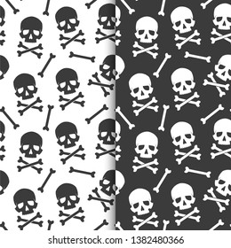 Set of seamless, endless patterns black skulls on a white background and white skulls on black background.