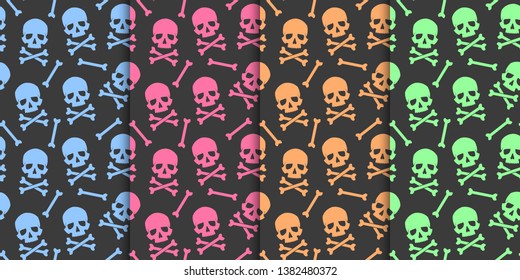 Set of Seamless, endless patterns with colorful skulls on a dark background. design for your cover or background. Vector illustration