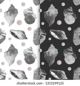 Set of Seamless Endless Patterns with Print of colorful shells and pearls on white and black backgrounds. Can be used in food industry for wallpapers, posters, wrapping paper, wedding cards.