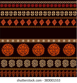 Set of seamless ethnic borders. Aboriginal arts motifs, hand drawn doodles, geometric prints. Symbols of sun, pagan drawings. Abstract vector pattern. Safari textile collection. Terracotta colors.