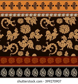 Set of seamless ethnic borders. Aboriginal arts motifs, hand drawn doodles, geometric prints. Fantasy pagan birds, fishes, lizards, sun. Ethnic textile collection. Dark brown, beige.