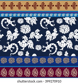 Set of seamless ethnic borders. Aboriginal arts motifs, hand drawn doodles, geometric prints. Fantasy pagan birds, fishes, lizards, sun. Ethnic textile collection. Blue, purple, white.