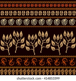 Set of seamless ethnic borders. Aboriginal arts motifs, hand drawn doodles, lizards border, fantasy trees. Safari textile collection. Terracotta colors.