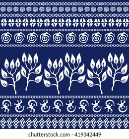 Set of seamless ethnic borders. Aboriginal arts motifs, hand drawn doodles, lizards border, fantasy trees. White on blue.