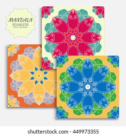 Set of seamless ethnic mandala patterns. Decorative geometric mandala backgrounds. Bandanna shawl, carpet design. Vector decoration doodle floral mandala ornaments with seamless texture