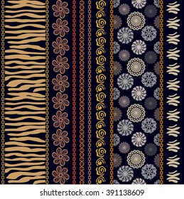 Set of seamless ethnic pattern. Dark blue background. Tiger skin print, paisley border, geometric stripes, rose scrolls, mandalas, doodle. Bohemian textile collection. Gypsy motifs, art deco elements.