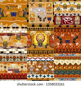 Set seamless ethnic pattern with the figure of Pharaoh, lotus flowers. Vector illustration
