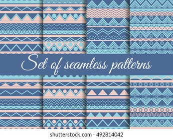 Set seamless ethnic pattern, tribal texture, hippie style. Color trends: Riverside, Pale Dogwood, Island Paradis. Vector illustration.