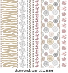 Set of seamless ethnic pattern. White background. Tiger skin print, paisley border, geometric stripes, rose scrolls, mandalas, doodle. Bohemian textile collection. Gypsy motifs, art deco elements.