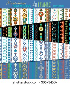Set of seamless ethnic patterns. Hand-drawn doodles boundless textures can be used for web page backgrounds, wallpapers, wrapping papers, invitations and congratulations.