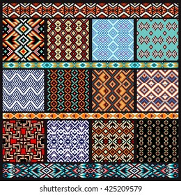 Set of seamless ethnic patterns, trendy, contemporary ethnic seamless pattern, embroidery cross, squares, diamonds, chevrons, a textile design, ornament for fabrics