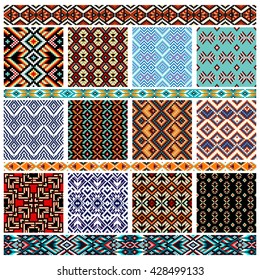 Set of seamless ethnic patterns, trendy, contemporary ethnic seamless pattern, embroidery cross, squares, diamonds, chevrons, a textile design, ornament for fabrics