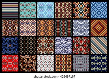 Set of seamless ethnic patterns, trendy, contemporary ethnic seamless pattern, embroidery cross, squares, diamonds, chevrons, a textile design, ornament for fabrics