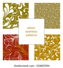 Set of seamless ethnic patterns. Warm colors: juicy green, khaki, red. The line drawings. Trends of this summer.