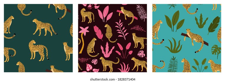 Set of Seamless exotic pattern with abstract silhouettes of leopard and palm leaves. Vector hand drawn illustration
