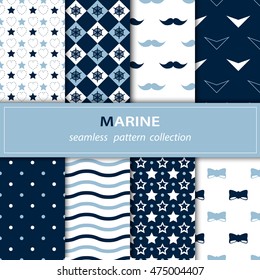 Set of seamless fabric in a blue, blue, white. Vector. The marine theme. Stars, stripes, zigzags.