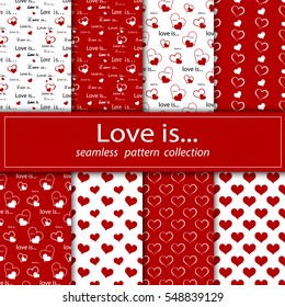 Set of seamless fabric. Eight canvases. The feast day of St. Valentiney. Love and marriage. Ornament, greetings cover. Stock vector.