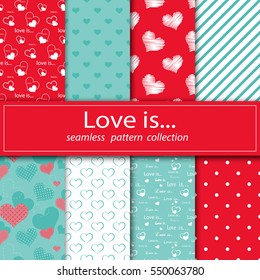 Set of seamless fabric. Eight canvases. The feast day of St. Valentiney. Love. A good canvas. The soft tones. Ornament, background, packing, congratulations. Stock vector.