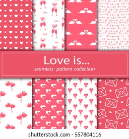 Set of seamless fabric. Eight canvases. Under the clipping mask. The feast day of St. Valentiney. Love and marriage. Stock vector. Decoration, congratulation, background, cover