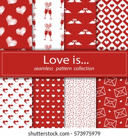Set of seamless fabric. Eight canvases. Stock vector.Under the clipping mask. The feast day of St. Valentiney.Letter. Love and marriage. Stock vector. Decoration, congratulation, background, cover.