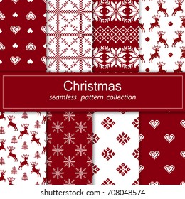 Set of seamless fabric. Eight canvases. The occasion. Merry Christmas and happy New year. Pixels. White and red color.Gift wrapping, pattern, ornament, background website. Stock vector.