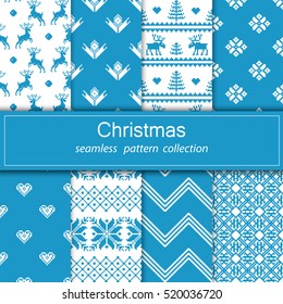 Set of seamless fabric. Eight paintings of shipment under the mask of the Occasion. Merry Christmas and happy New year. Pixels. White and red color. Background, gift wrapping, ornament. Stock vector.