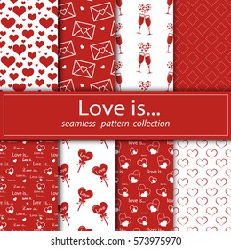 Set of seamless fabric.Stock vector. Eight canvases. Under the clipping mask. The feast day of St. Valentiney. Love and marriage. Stock vector. Decoration, congratulation, background, cover.