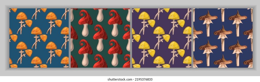 Set of seamless fantasy patterns of mushrooms, toadstools and fly agarics. Magic mushrooms. For textiles, wrapping paper.