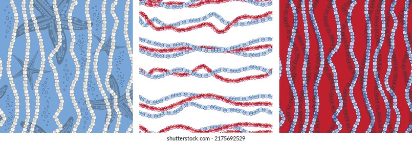 A set of seamless fashionable patterns on the marine theme.
Vertical and horizontal beaded stripes and starfish. Hand-drawn vector illustration for printing, fabric, textile, manufacturing, wallpapers