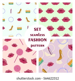 Set of seamless fashionable vector patterns, different background with shoes, clutches, beads, lipstick and lips. Graphic illustration. Series of sets of vector seamless patterns