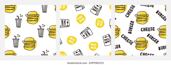 set of seamless fastfood pattern: cheeseburger, soda. doodle vector illustration. Template for Notebook covers, pattern for wallpapers, for cafe, fast food restaurant. hand-drawn vector art. junk food