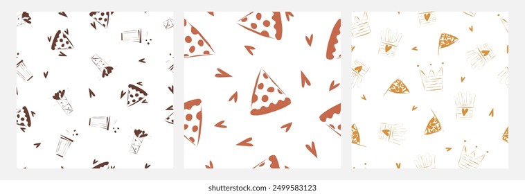 set of seamless fastfood pattern: pizza, shawarma, fries, soda. doodle vector illustration. Template for Notebook covers, pattern for wallpapers, for cafe, fast food restaurant. hand-drawn vector art.