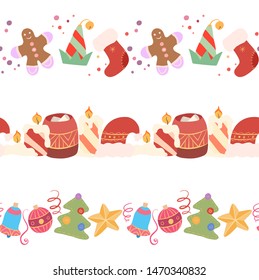 Set of seamless festive borders. Frame with candles, santa and elf wardrobe, christmas tree, decoration and confetti. The object is separate from the background. Christmas element for your creativity