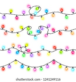 Set of seamless festive colored glowing garlands on a white background , Christmas decorations, vector illustration