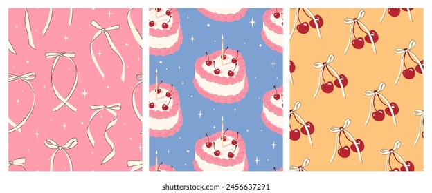 A set of seamless festive and cute patterns. Bows, cupcakes, stars, cherries with bows. Modern festive posters, textiles. Vector pattern in retro style