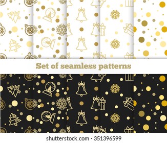 Set of seamless festive gold patterns. Happy New Year and Christmas. Vector illustration