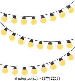 Set of seamless festive yellow Christmas string light border. Flat vector illustration.