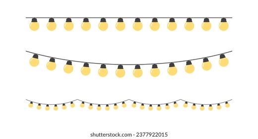 Set of seamless festive yellow Christmas string light border. Flat vector illustration.