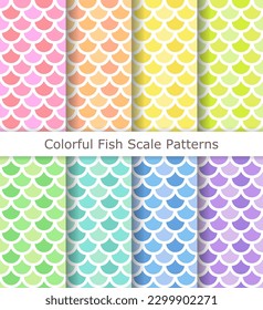 Set of seamless fish scale patterns in pastel rainbow colors. Vector set of colorful scale patterns.