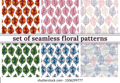 Set of seamless floral backgrounds. Colored patterns with leaves. Seasons
