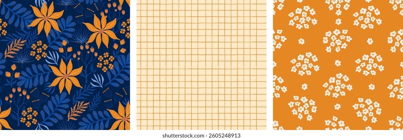 a set of seamless floral backgrounds. delicate flowers and buds with lines and a checkered print.