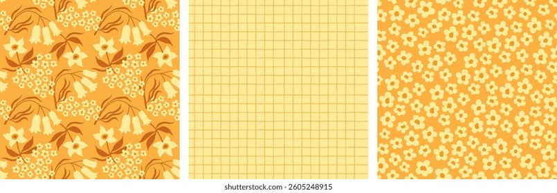 a set of seamless floral backgrounds. delicate flowers and buds with lines and a checkered print.