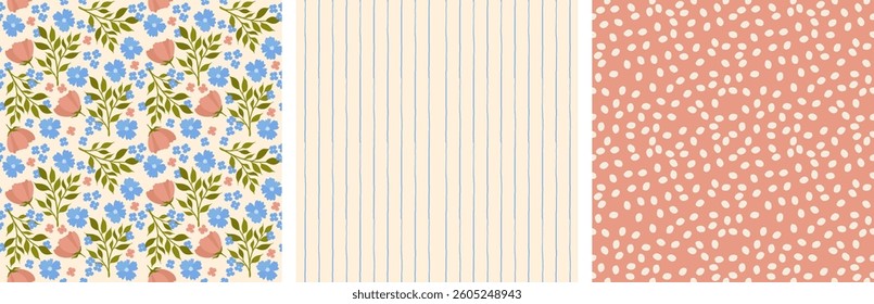 a set of seamless floral backgrounds. delicate flowers and buds with lines and a checkered print.