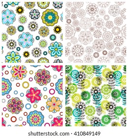 Set of seamless floral backgrounds. Seamless floral patterns with yellow, red, pink hand drawn doodle flowers. Isolated flowers on white. Vector illustration.