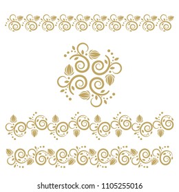 Set of seamless floral borders with a central element. Golden color. Can be used as a template for printing postcards or invitations, for textiles, engraving, wooden furniture. . Vector.
